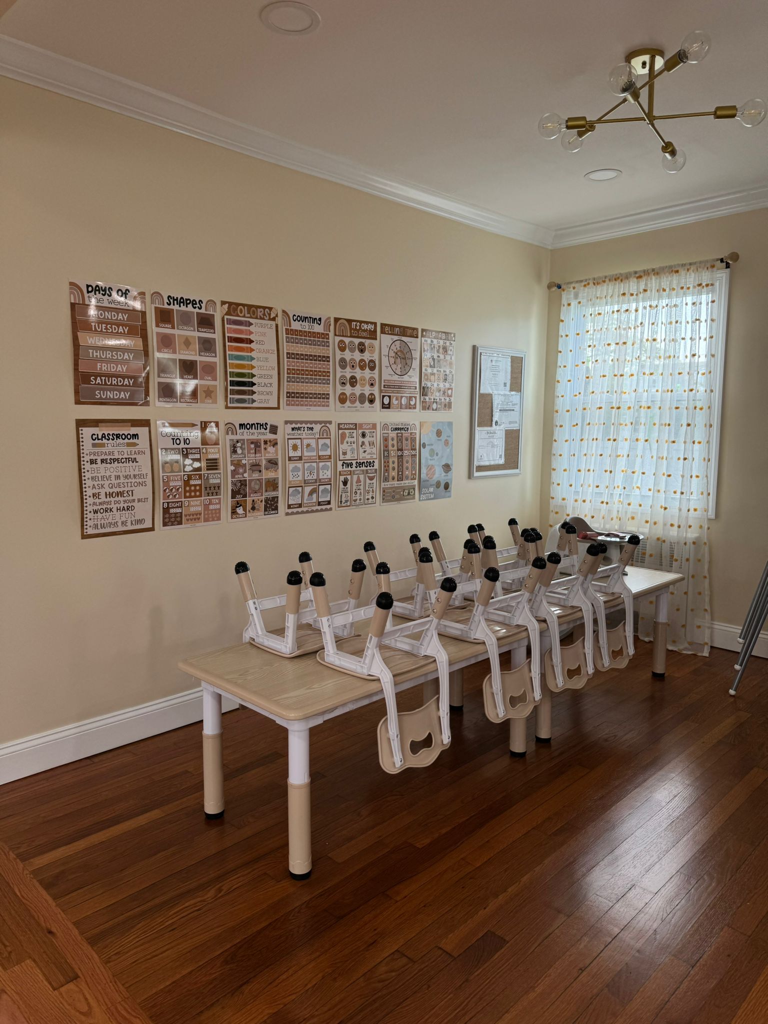 Classroom with tables and educational wall displays