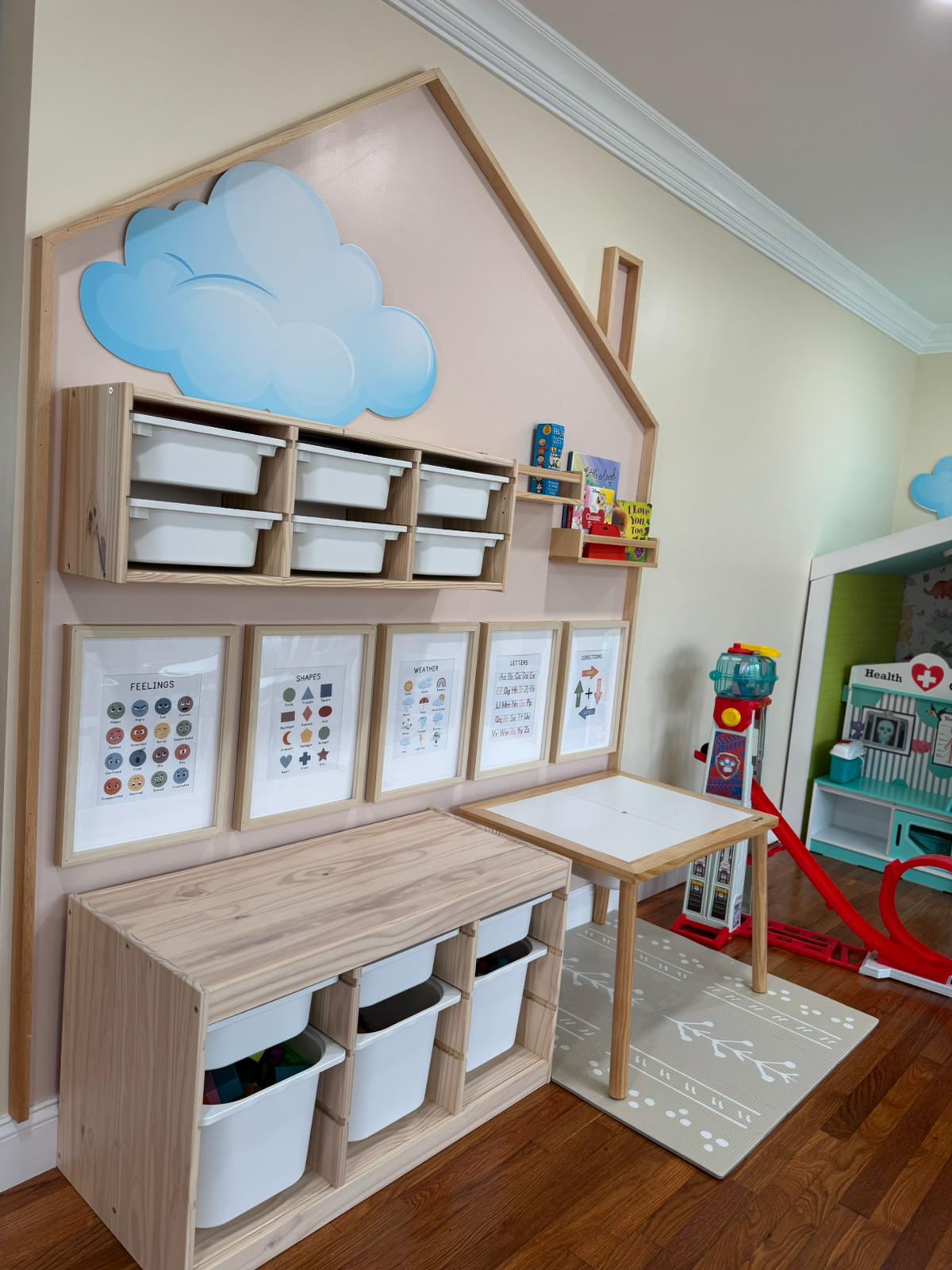 Learning area with educational posters and organized storage